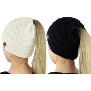 imageCC BeanieTail Soft Stretch Cable Knit Messy High Bun Ponytail Beanie Hat 2 PackBlackIvory
