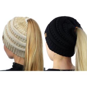 imageCC BeanieTail Soft Stretch Cable Knit Messy High Bun Ponytail Beanie Hat 2 PackBlackIvory Gold Metallic