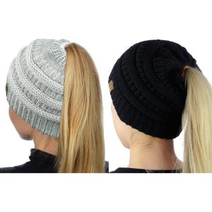 imageCC BeanieTail Soft Stretch Cable Knit Messy High Bun Ponytail Beanie Hat 2 PackBlackIvory Silver Metallic