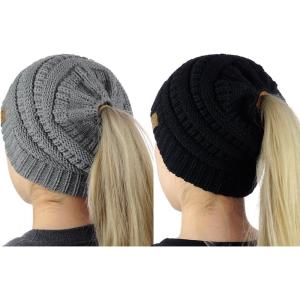 imageCC BeanieTail Soft Stretch Cable Knit Messy High Bun Ponytail Beanie Hat 2 PackBlackLight Mel Gy