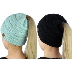 imageCC BeanieTail Soft Stretch Cable Knit Messy High Bun Ponytail Beanie Hat 2 PackBlackMint