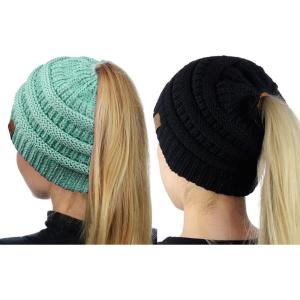 imageCC BeanieTail Soft Stretch Cable Knit Messy High Bun Ponytail Beanie Hat 2 PackBlackMint Metallic