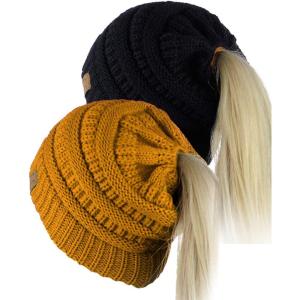 imageCC BeanieTail Soft Stretch Cable Knit Messy High Bun Ponytail Beanie Hat 2 PackBlackMustard