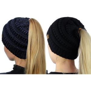 imageCC BeanieTail Soft Stretch Cable Knit Messy High Bun Ponytail Beanie Hat 2 PackBlackNavy Metallic