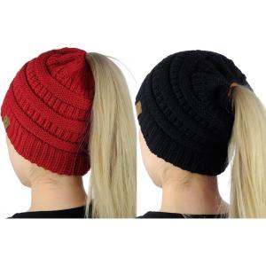 imageCC BeanieTail Soft Stretch Cable Knit Messy High Bun Ponytail Beanie Hat 2 PackBlackRed