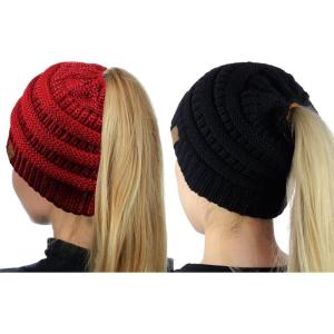 imageCC BeanieTail Soft Stretch Cable Knit Messy High Bun Ponytail Beanie Hat 2 PackBlackRed Metallic