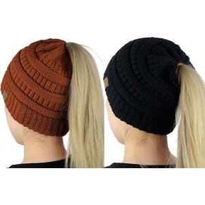 imageCC BeanieTail Soft Stretch Cable Knit Messy High Bun Ponytail Beanie Hat 2 PackBlackRust