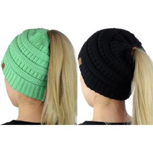 imageCC BeanieTail Soft Stretch Cable Knit Messy High Bun Ponytail Beanie Hat 2 PackBlackSage