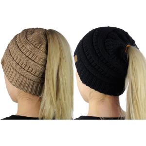 imageCC BeanieTail Soft Stretch Cable Knit Messy High Bun Ponytail Beanie Hat 2 PackBlackTaupe
