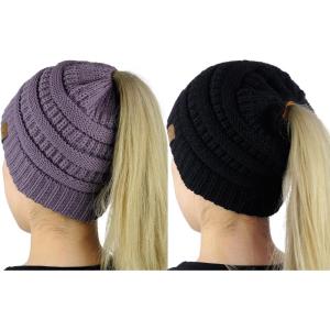 imageCC BeanieTail Soft Stretch Cable Knit Messy High Bun Ponytail Beanie Hat 2 PackBlackViolet