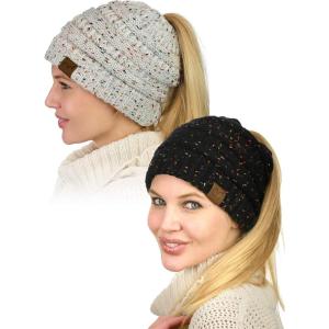 imageCC BeanieTail Soft Stretch Cable Knit Messy High Bun Ponytail Beanie Hat 2 PackConfetti BlackConfetti Ivory