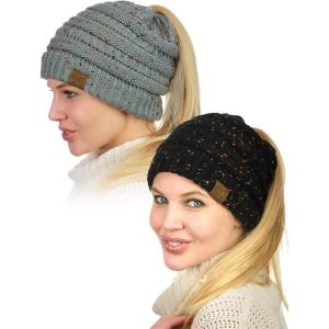 imageCC BeanieTail Soft Stretch Cable Knit Messy High Bun Ponytail Beanie Hat 2 PackConfetti BlackConfetti Natural Gray