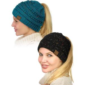 imageCC BeanieTail Soft Stretch Cable Knit Messy High Bun Ponytail Beanie Hat 2 PackConfetti BlackConfetti Teal
