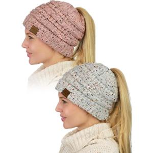 imageCC BeanieTail Soft Stretch Cable Knit Messy High Bun Ponytail Beanie Hat 2 PackConfetti IvoryConfetti Indi Pink