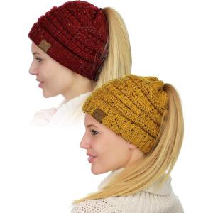imageCC BeanieTail Soft Stretch Cable Knit Messy High Bun Ponytail Beanie Hat 2 PackConfetti MustardConfetti Burgundy