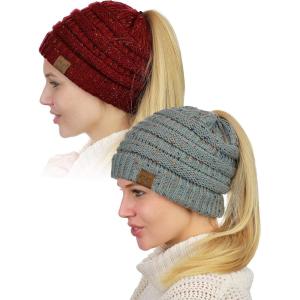 imageCC BeanieTail Soft Stretch Cable Knit Messy High Bun Ponytail Beanie Hat 2 PackConfetti Natural GrayConfetti Burgundy