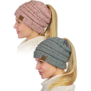 imageCC BeanieTail Soft Stretch Cable Knit Messy High Bun Ponytail Beanie Hat 2 PackConfetti Natural GrayConfetti Indi Pink