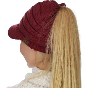 imageCC BeanieTail Warm Knit Messy High Bun Ponytail Visor Beanie CapBurgundy