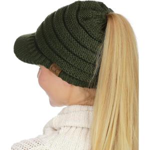 imageCC BeanieTail Warm Knit Messy High Bun Ponytail Visor Beanie CapDark Olive
