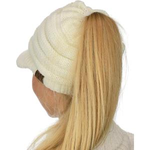 imageCC BeanieTail Warm Knit Messy High Bun Ponytail Visor Beanie CapIvory