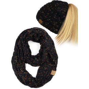 imageCC Colorful Confetti BeanieTail Messy High Bun Cable Knit Beanie and Infinity Loop Scarf SetBlack