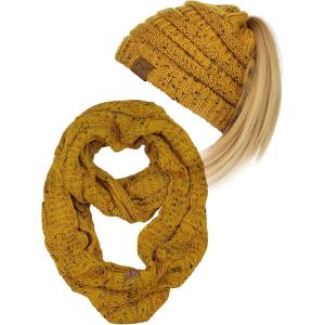 imageCC Colorful Confetti BeanieTail Messy High Bun Cable Knit Beanie and Infinity Loop Scarf SetMustard