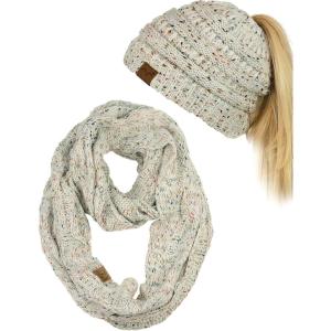imageCC Colorful Confetti BeanieTail Messy High Bun Cable Knit Beanie and Infinity Loop Scarf SetOatmeal