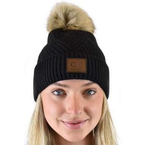 imageCC Diagonal Criss Cross Pattern Suede Patch Snuggly Soft Pom Cuff BeanieBlack