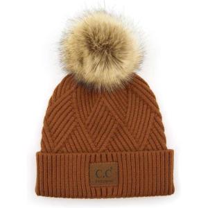 imageCC Diagonal Criss Cross Pattern Suede Patch Snuggly Soft Pom Cuff BeanieCocoa