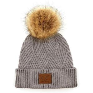 imageCC Diagonal Criss Cross Pattern Suede Patch Snuggly Soft Pom Cuff BeanieDark Gray