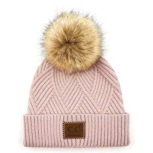 imageCC Diagonal Criss Cross Pattern Suede Patch Snuggly Soft Pom Cuff BeanieDusty Rose