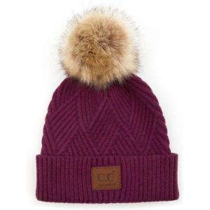 imageCC Diagonal Criss Cross Pattern Suede Patch Snuggly Soft Pom Cuff BeanieEggplant
