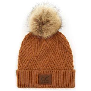 imageCC Diagonal Criss Cross Pattern Suede Patch Snuggly Soft Pom Cuff BeanieGolden Camel Mix