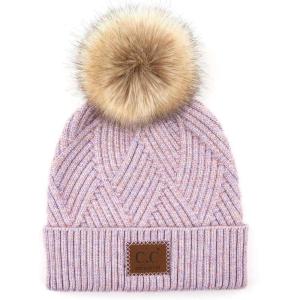 imageCC Diagonal Criss Cross Pattern Suede Patch Snuggly Soft Pom Cuff BeanieLavender Mix