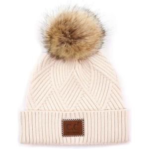 imageCC Diagonal Criss Cross Pattern Suede Patch Snuggly Soft Pom Cuff BeanieLight Beige