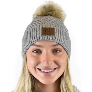 imageCC Diagonal Criss Cross Pattern Suede Patch Snuggly Soft Pom Cuff BeanieLight Gray Mix