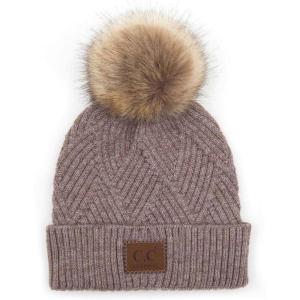 imageCC Diagonal Criss Cross Pattern Suede Patch Snuggly Soft Pom Cuff BeanieLight Taupe Mix