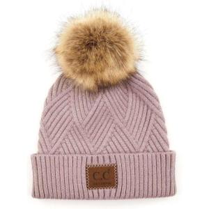 imageCC Diagonal Criss Cross Pattern Suede Patch Snuggly Soft Pom Cuff BeanieMauve Mix
