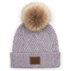 imageCC Diagonal Criss Cross Pattern Suede Patch Snuggly Soft Pom Cuff BeaniePeriwinkle Mix