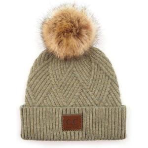 imageCC Diagonal Criss Cross Pattern Suede Patch Snuggly Soft Pom Cuff BeanieSage Mix