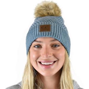 imageCC Diagonal Criss Cross Pattern Suede Patch Snuggly Soft Pom Cuff BeanieSteel Blue Mix