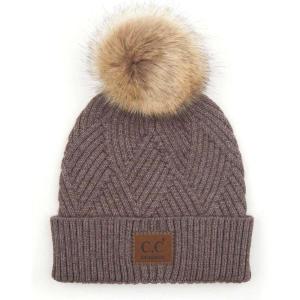 imageCC Diagonal Criss Cross Pattern Suede Patch Snuggly Soft Pom Cuff BeanieTaupe Mix
