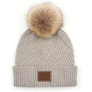 imageCC Diagonal Criss Cross Pattern Suede Patch Snuggly Soft Pom Cuff BeanieWarm Gray Mix