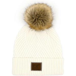 imageCC Diagonal Criss Cross Pattern Suede Patch Snuggly Soft Pom Cuff BeanieWhite