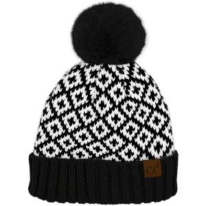 imageCC Diamond Pattern Fur Pom Beanie for Women Unisex  Acrylic Stretchable Soft Warm with Faux Fur Pom Knit Winter Skully HatBlack