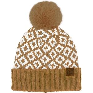 imageCC Diamond Pattern Fur Pom Beanie for Women Unisex  Acrylic Stretchable Soft Warm with Faux Fur Pom Knit Winter Skully HatCh Brown