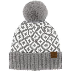 imageCC Diamond Pattern Fur Pom Beanie for Women Unisex  Acrylic Stretchable Soft Warm with Faux Fur Pom Knit Winter Skully HatGrey