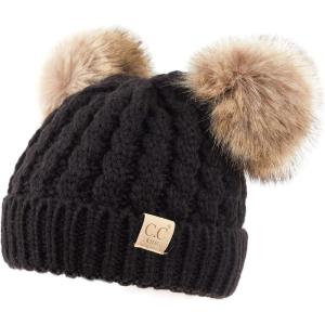 imageCC Exclusives Children Kid Double Pompom Knitted Beanie for Kids Ages 25 KID23KID24KIDS2055A Pompom Black