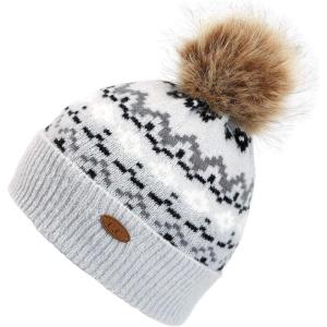 imageCC Exclusives Geometric Cable Beanie Hat with Faux Fur Pom HAT2298HAT7011HAT2213YJ920A Geo Ethinicltmelgrey