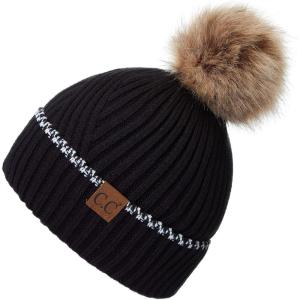 imageCC Exclusives Geometric Cable Beanie Hat with Faux Fur Pom HAT2298HAT7011HAT2213YJ920Accent Cuffblack